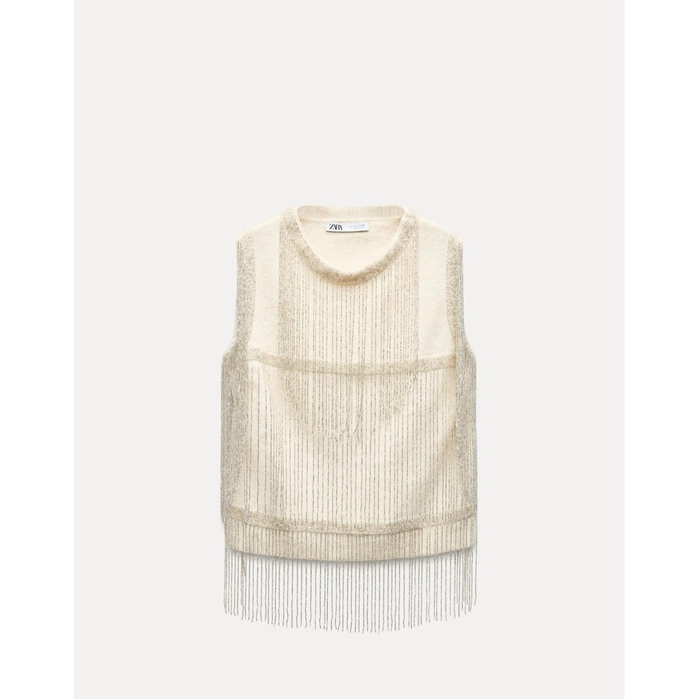 Zara Limited Edition Ecru Fringe Beading Knit Size Medium size medium NWT.
